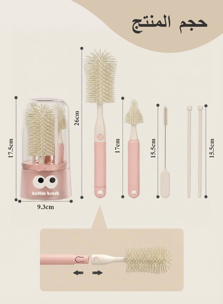 BBMORE Baby Bottle Brush, 5 in 1 Silicone Baby Bottle Cleaning Brush Set Inculde silicone bottle brush,  Nipple Brush, Straw Brush,Drying Rods, storage box - 5 in 1 Bottle Cleaning Tool for Home and Travel, Pink - Image 3